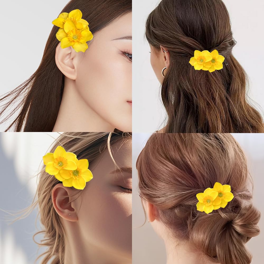 1Pcs Yellow Flower Hair Clip Hawaiian Flower Hair Clips for Women Double Flowers Clips Barrettes Floral Side Clip Barrette Hairclip Hair Accessories for Beach Wedding