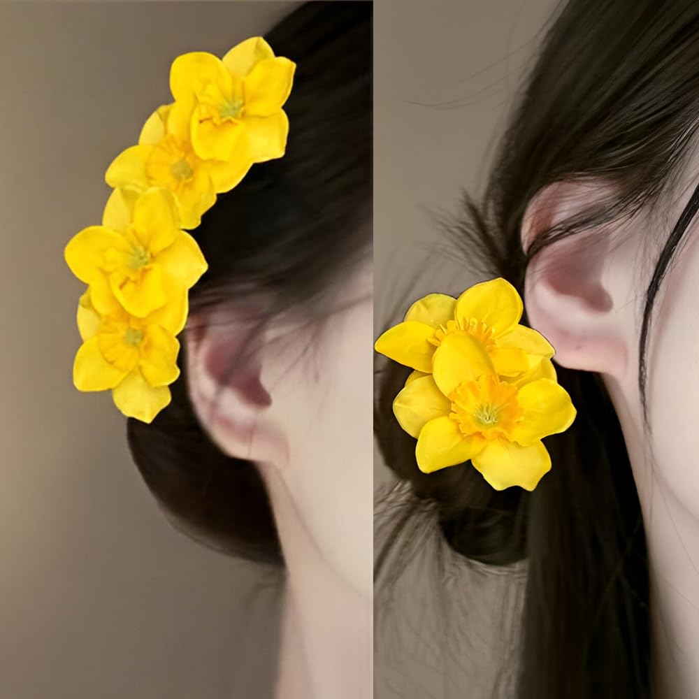 1Pcs Yellow Flower Hair Clip Hawaiian Flower Hair Clips for Women Double Flowers Clips Barrettes Floral Side Clip Barrette Hairclip Hair Accessories for Beach Wedding