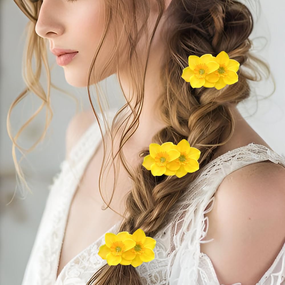 1Pcs Yellow Flower Hair Clip Hawaiian Flower Hair Clips for Women Double Flowers Clips Barrettes Floral Side Clip Barrette Hairclip Hair Accessories for Beach Wedding