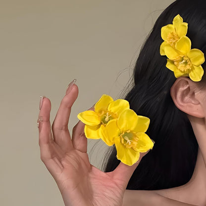 1Pcs Yellow Flower Hair Clip Hawaiian Flower Hair Clips for Women Double Flowers Clips Barrettes Floral Side Clip Barrette Hairclip Hair Accessories for Beach Wedding