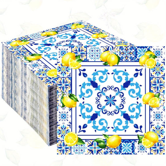 50Pack Capri Lemon Cocktail Napkins Blue Tiles Yellow Lemon Napkin CapriLemon Citrus Fruit Paper Napkin Capri Lemons Napkins for Baby Shower Lemon Italian Theme Birthday Party Decor (Yellow)