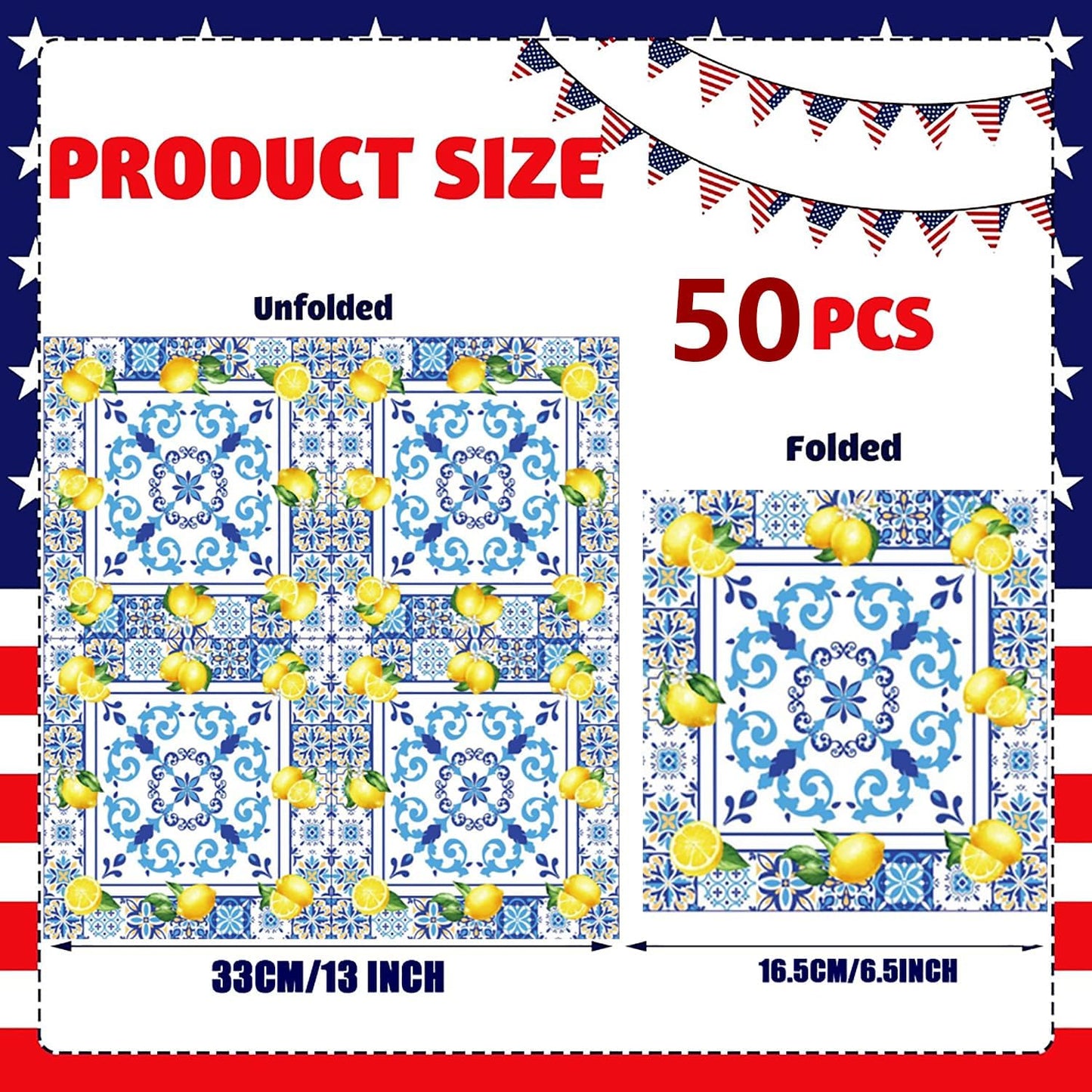 50Pack Capri Lemon Cocktail Napkins Blue Tiles Yellow Lemon Napkin CapriLemon Citrus Fruit Paper Napkin Capri Lemons Napkins for Baby Shower Lemon Italian Theme Birthday Party Decor (Yellow)