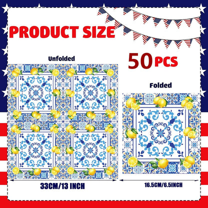 50Pack Capri Lemon Cocktail Napkins Blue Tiles Yellow Lemon Napkin CapriLemon Citrus Fruit Paper Napkin Capri Lemons Napkins for Baby Shower Lemon Italian Theme Birthday Party Decor (Yellow)