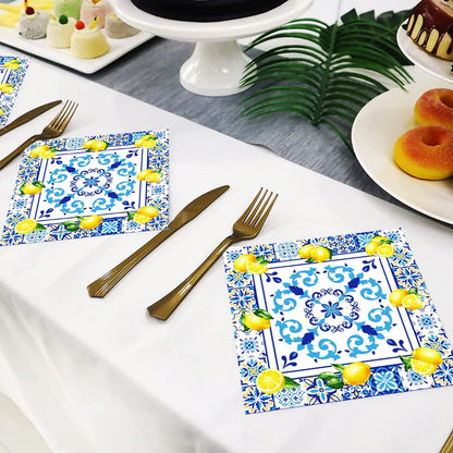 50Pack Capri Lemon Cocktail Napkins Blue Tiles Yellow Lemon Napkin CapriLemon Citrus Fruit Paper Napkin Capri Lemons Napkins for Baby Shower Lemon Italian Theme Birthday Party Decor (Yellow)