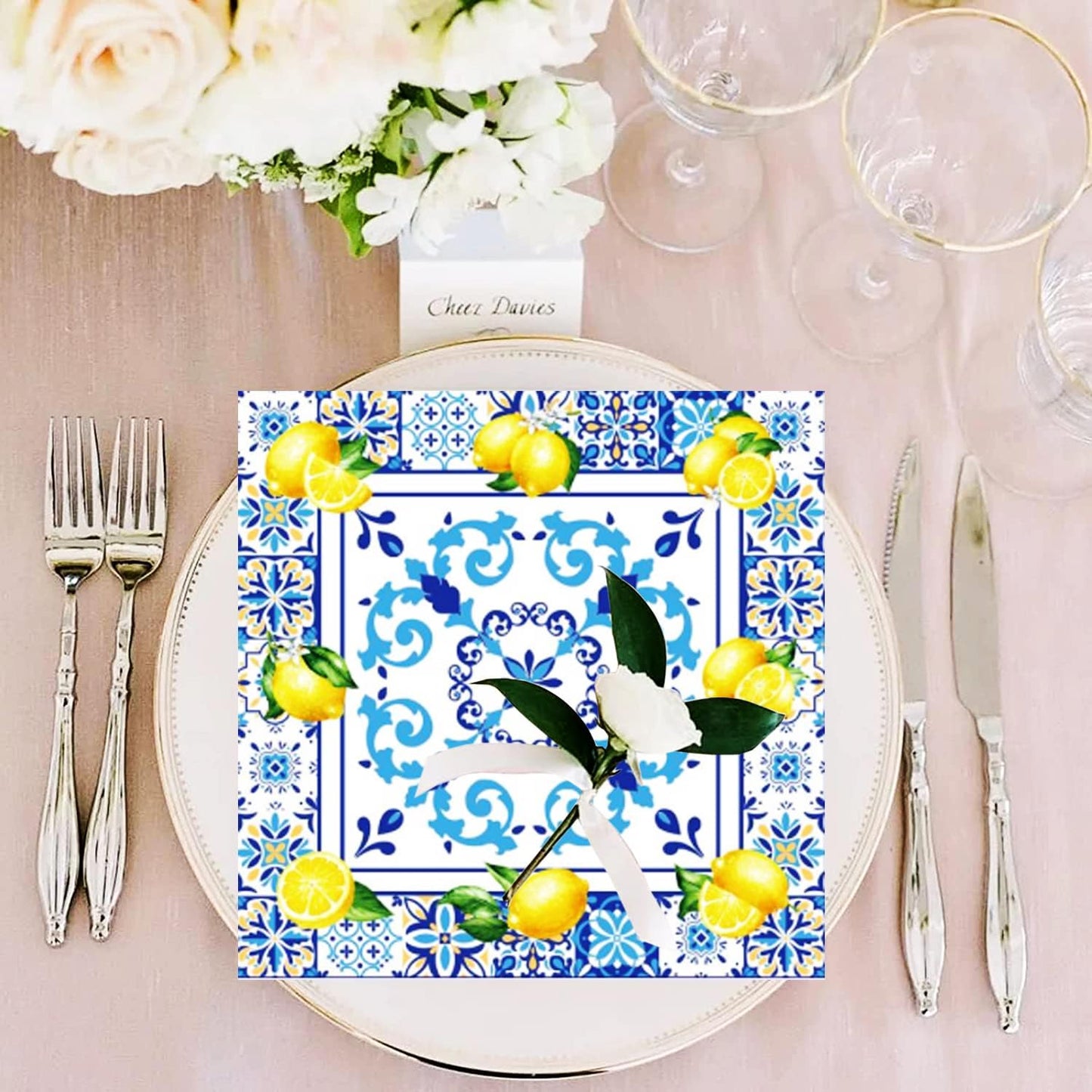 50Pack Capri Lemon Cocktail Napkins Blue Tiles Yellow Lemon Napkin CapriLemon Citrus Fruit Paper Napkin Capri Lemons Napkins for Baby Shower Lemon Italian Theme Birthday Party Decor (Yellow)