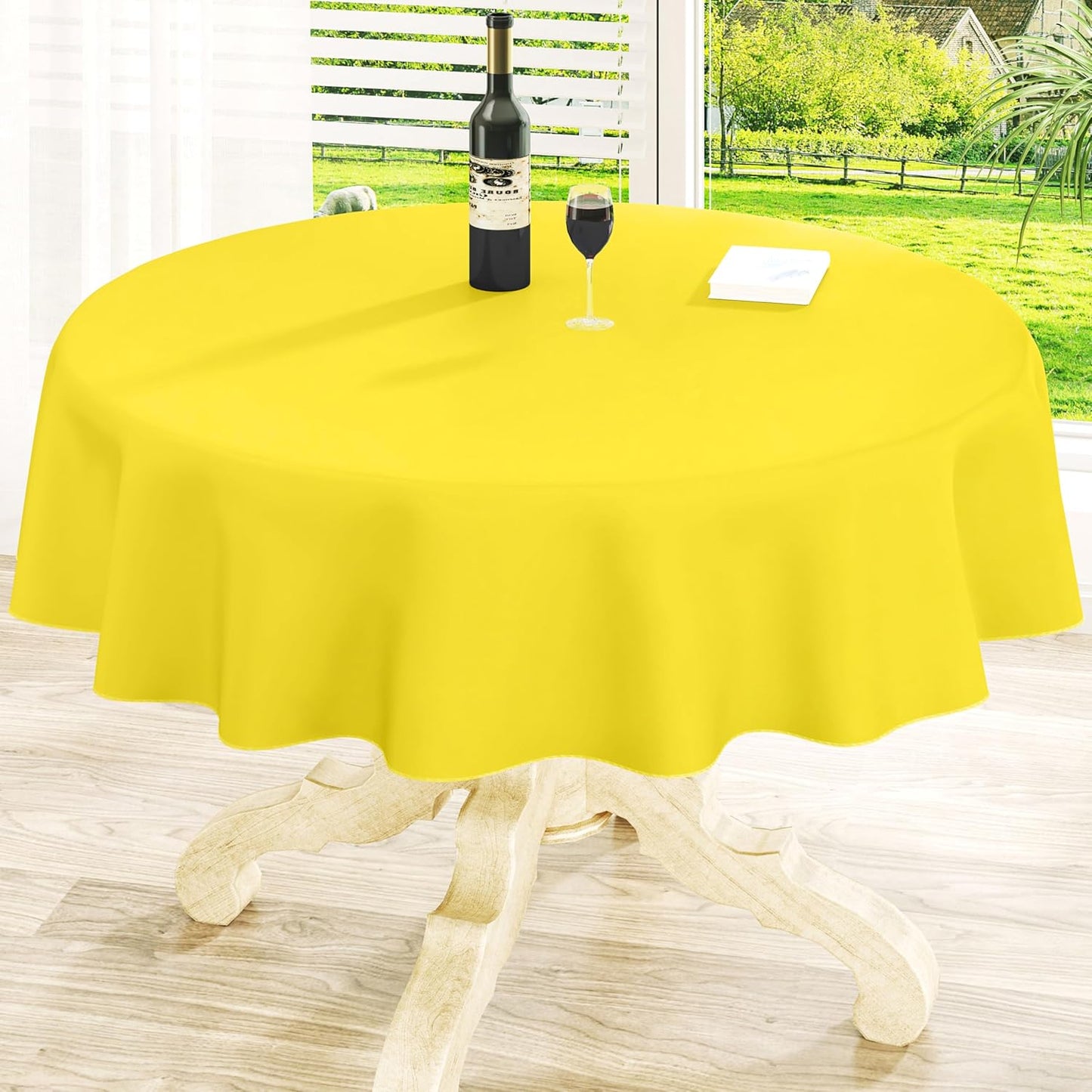 Round Vinyl Tablecloth, Waterproof Spillproof Plastic Flannel Backed Table Cloth, Wipe Clean Table Cover for Dining, Buffet Parties and Camping (Yellow, 60")