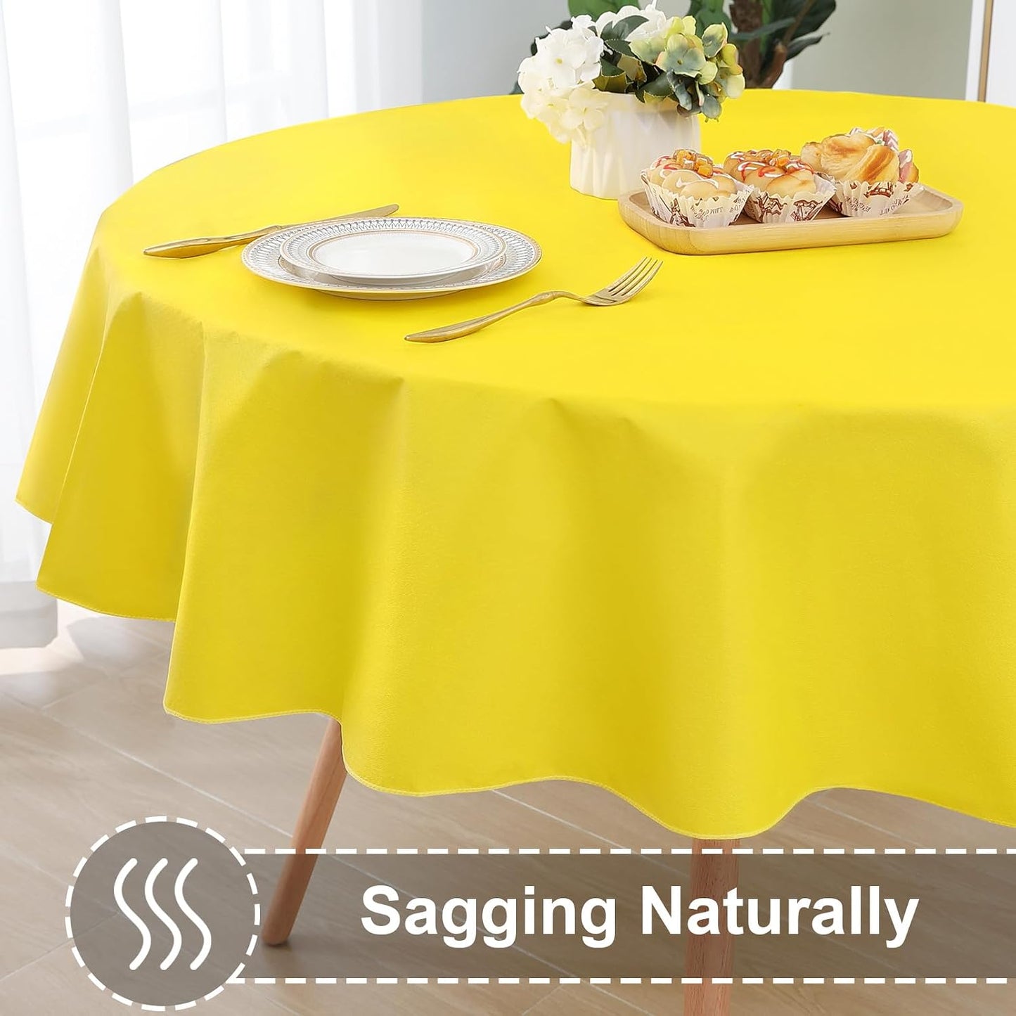 Round Vinyl Tablecloth, Waterproof Spillproof Plastic Flannel Backed Table Cloth, Wipe Clean Table Cover for Dining, Buffet Parties and Camping (Yellow, 60")