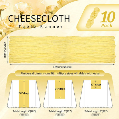 10 Pack Light Yellow Cheesecloth Table Runner 10FT Boho Gauze Cheese Cloth Table Runners Romantic Rustic Sheer Table Decorations for Wedding Party Baby Shower Birthday Holiday Home