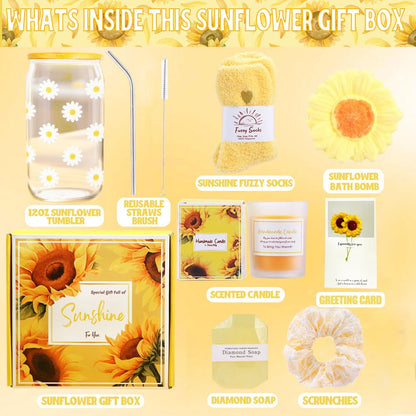 Unique Sunflower Gifts Basket for Women, Self Care Kit Set for Teen Girls, for Get Well Soon Gift, Happy Birthday, Valentines Day and Mothers day (pack of 8)