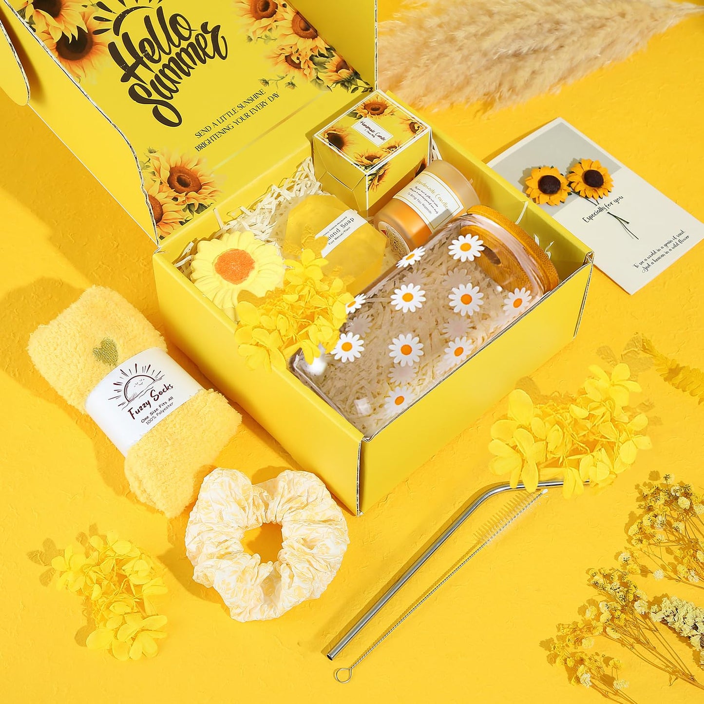 Unique Sunflower Gifts Basket for Women, Self Care Kit Set for Teen Girls, for Get Well Soon Gift, Happy Birthday, Valentines Day and Mothers day (pack of 8)