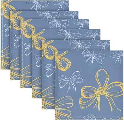 Dinner Napkins Set of 6 Yellow Bows Reusable Table Cloth Napkins for Indoor Outdoor Family Dinners Cocktail Parties Weddings Hotel Restaurant, 20 × 20 in