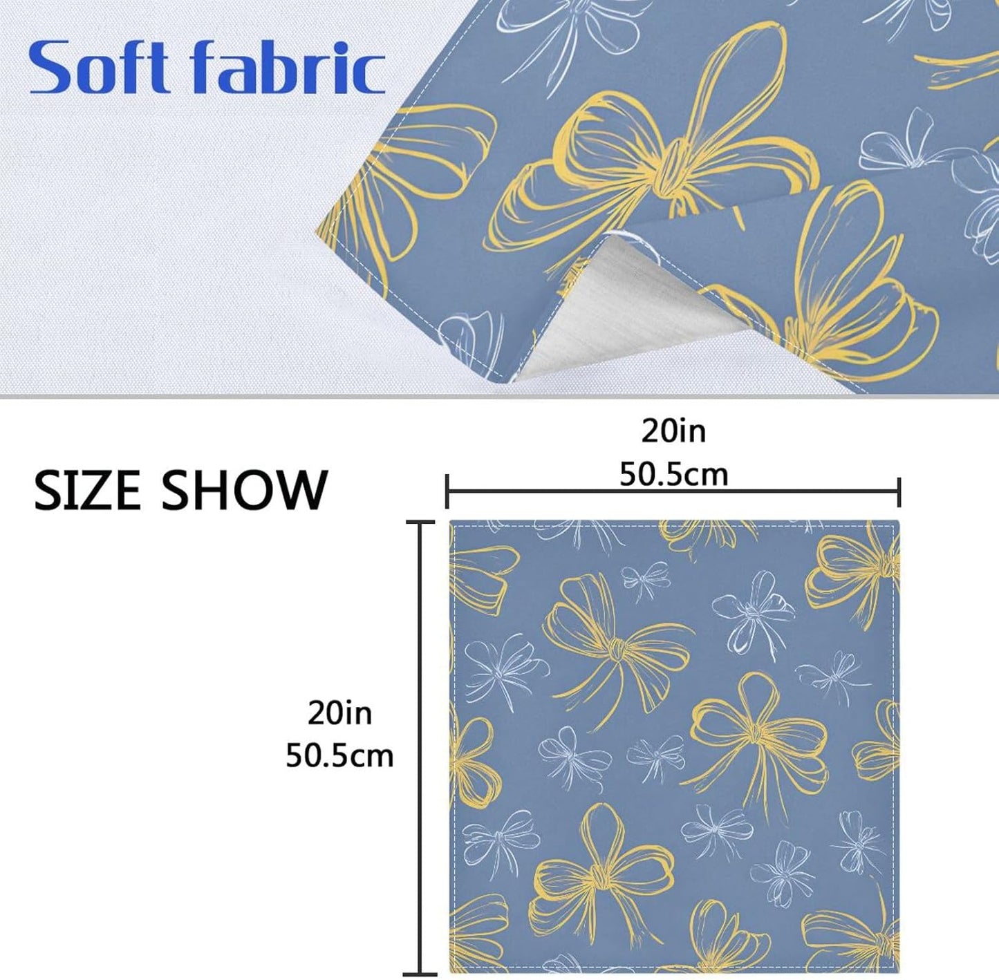 Dinner Napkins Set of 6 Yellow Bows Reusable Table Cloth Napkins for Indoor Outdoor Family Dinners Cocktail Parties Weddings Hotel Restaurant, 20 × 20 in