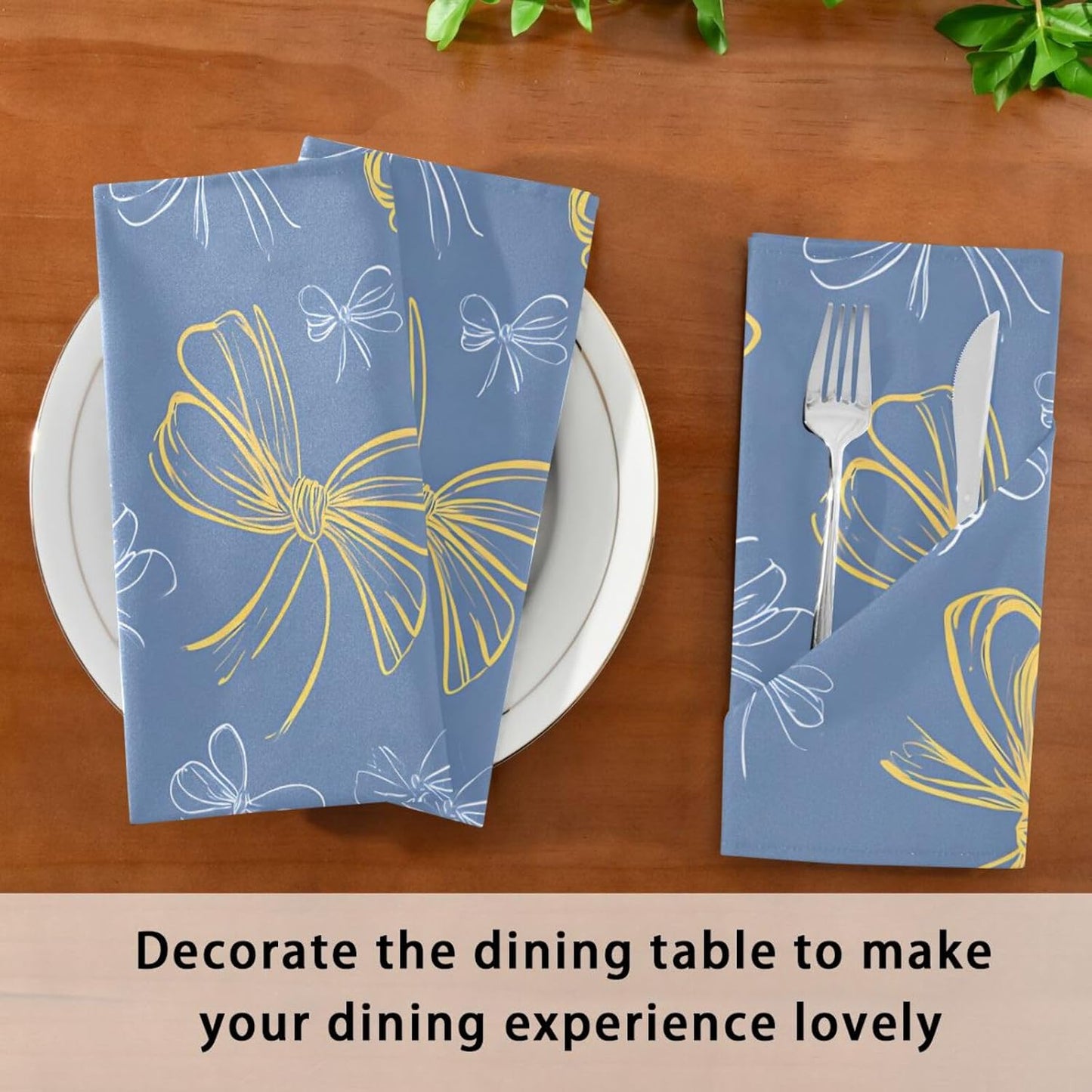 Dinner Napkins Set of 6 Yellow Bows Reusable Table Cloth Napkins for Indoor Outdoor Family Dinners Cocktail Parties Weddings Hotel Restaurant, 20 × 20 in