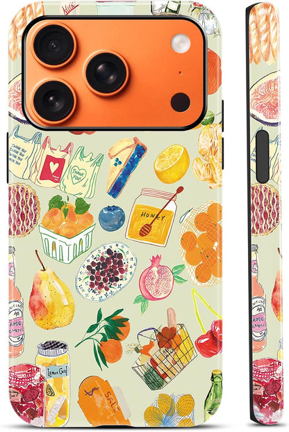 Cute Fruit Lemon Food Bread Phone Case for iPhone 17 Pro Max 6.9", Summer Collage Vegetable Fruits Wine Illustration Pattern Cover Shockproof 2 in 1 Silicone + Hard PC Case for Girls Boy
