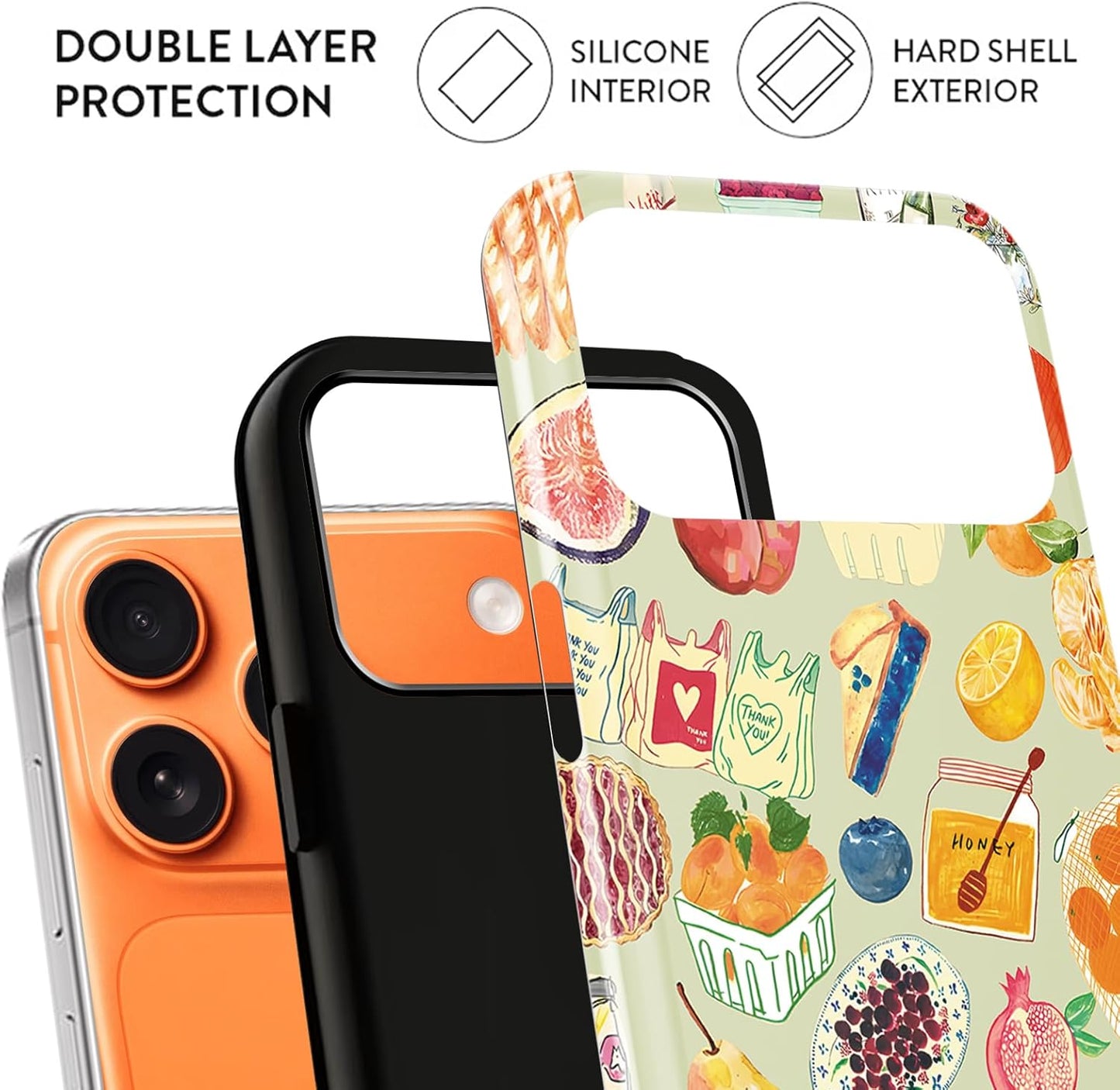 Cute Fruit Lemon Food Bread Phone Case for iPhone 17 Pro Max 6.9", Summer Collage Vegetable Fruits Wine Illustration Pattern Cover Shockproof 2 in 1 Silicone + Hard PC Case for Girls Boy