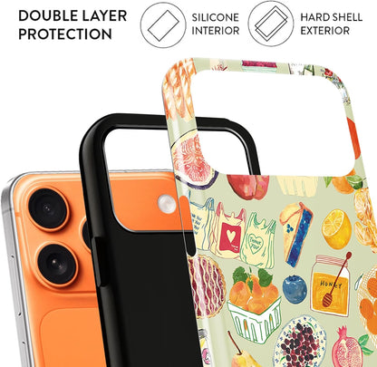 Cute Fruit Lemon Food Bread Phone Case for iPhone 17 Pro Max 6.9", Summer Collage Vegetable Fruits Wine Illustration Pattern Cover Shockproof 2 in 1 Silicone + Hard PC Case for Girls Boy