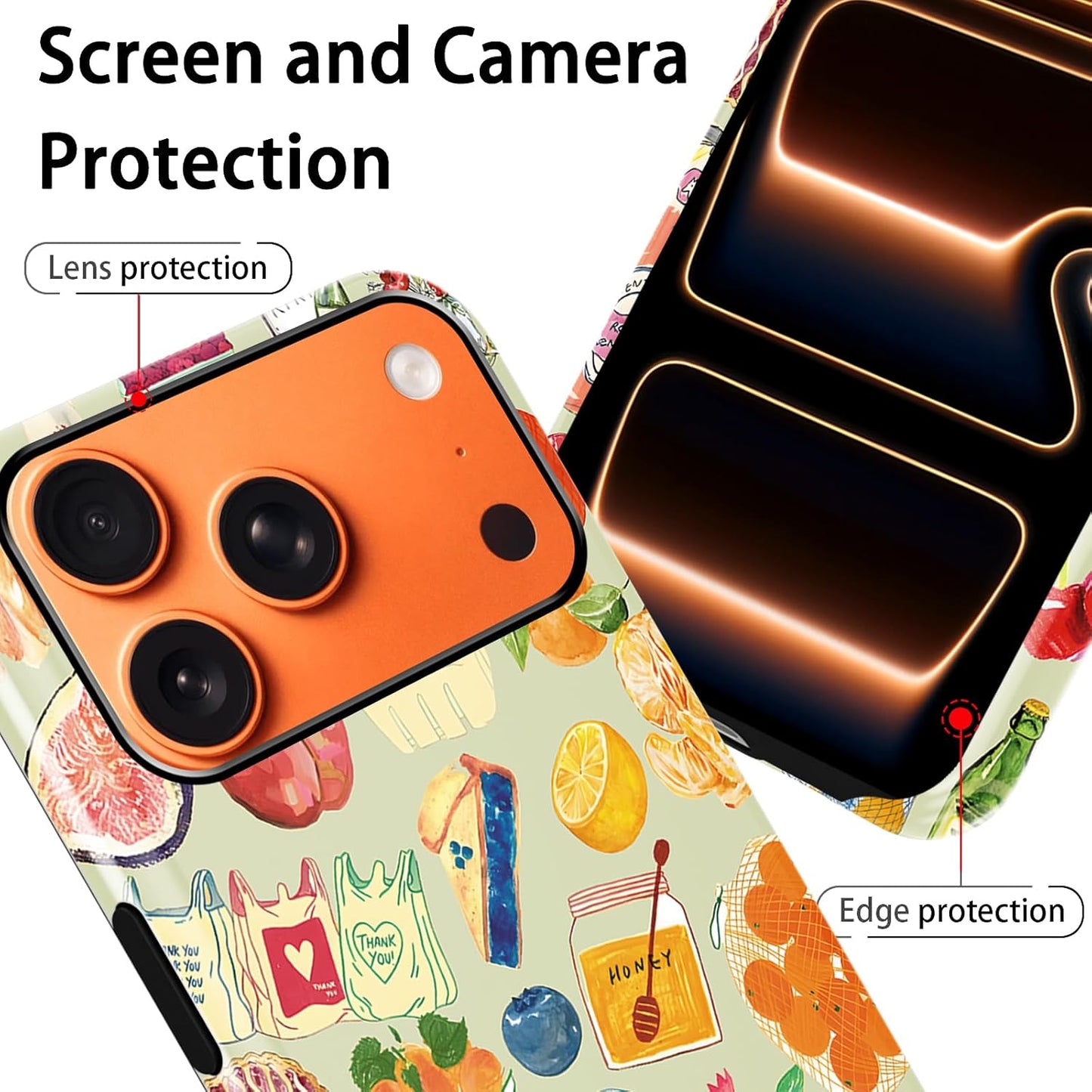 Cute Fruit Lemon Food Bread Phone Case for iPhone 17 Pro Max 6.9", Summer Collage Vegetable Fruits Wine Illustration Pattern Cover Shockproof 2 in 1 Silicone + Hard PC Case for Girls Boy