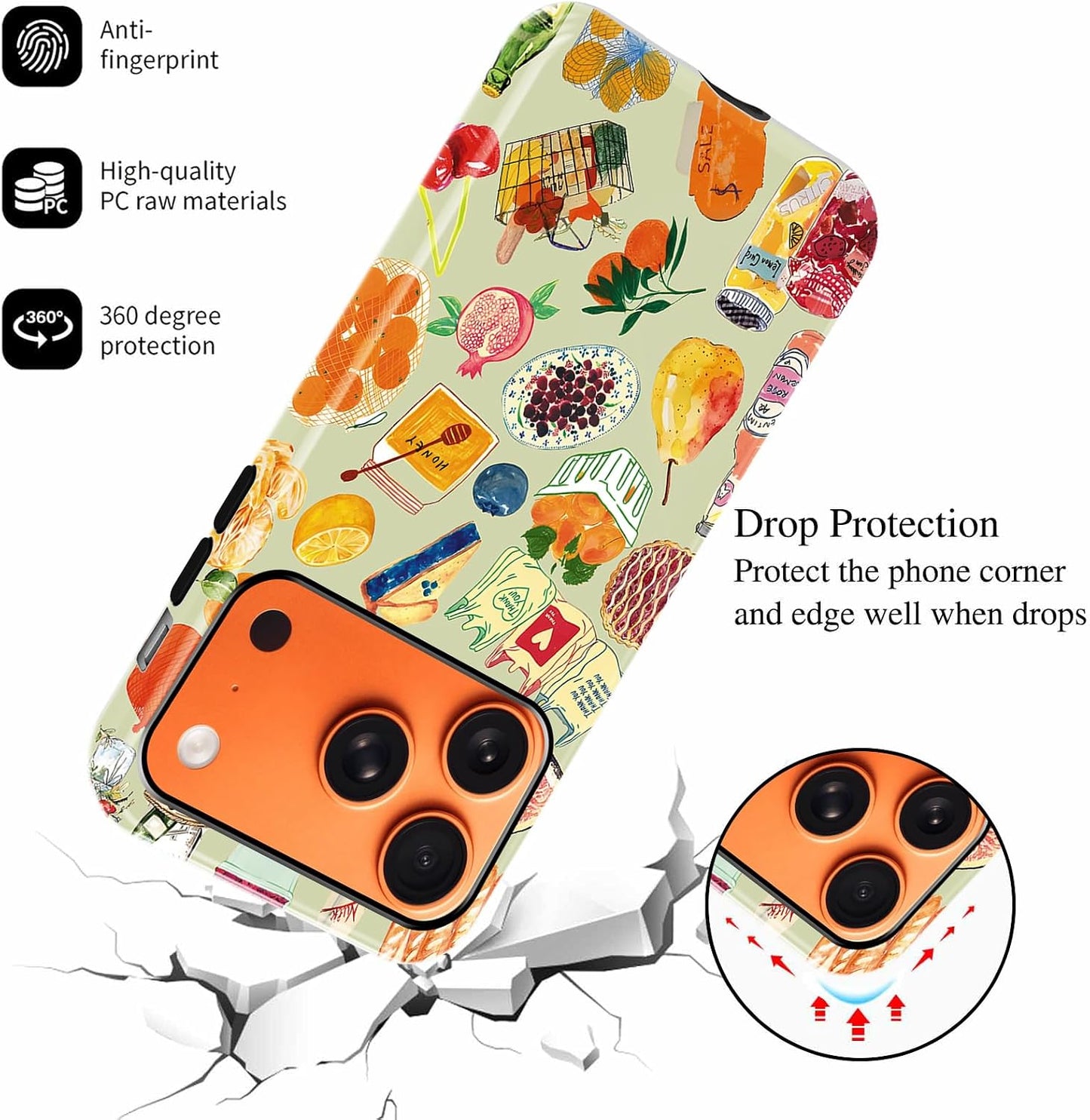 Cute Fruit Lemon Food Bread Phone Case for iPhone 17 Pro Max 6.9", Summer Collage Vegetable Fruits Wine Illustration Pattern Cover Shockproof 2 in 1 Silicone + Hard PC Case for Girls Boy