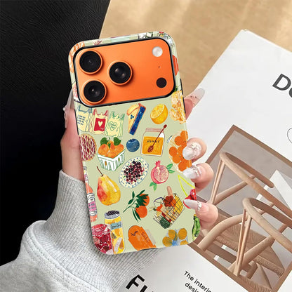 Cute Fruit Lemon Food Bread Phone Case for iPhone 17 Pro Max 6.9", Summer Collage Vegetable Fruits Wine Illustration Pattern Cover Shockproof 2 in 1 Silicone + Hard PC Case for Girls Boy