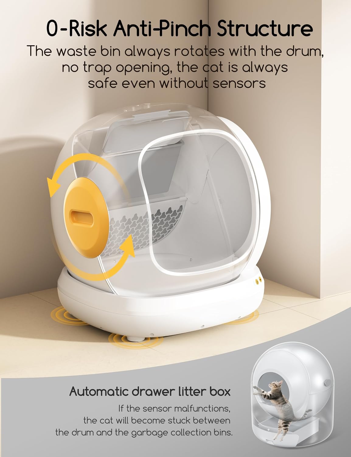 Self Cleaning Cat Litter Box - Open-Top Automatic Litter Box with APP, 0 Risk of Stuck Cats, Safer Automatic Litter Boxs, Low Entrance for Multiple Cats
