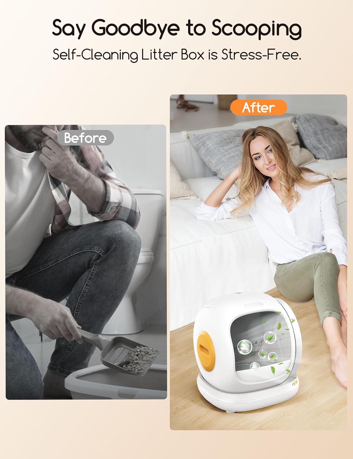 Self Cleaning Cat Litter Box - Open-Top Automatic Litter Box with APP, 0 Risk of Stuck Cats, Safer Automatic Litter Boxs, Low Entrance for Multiple Cats