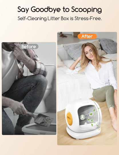 Self Cleaning Cat Litter Box - Open-Top Automatic Litter Box with APP, 0 Risk of Stuck Cats, Safer Automatic Litter Boxs, Low Entrance for Multiple Cats