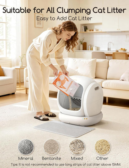 Self Cleaning Cat Litter Box - Open-Top Automatic Litter Box with APP, 0 Risk of Stuck Cats, Safer Automatic Litter Boxs, Low Entrance for Multiple Cats