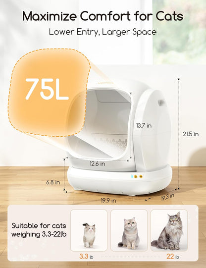 Self Cleaning Cat Litter Box - Open-Top Automatic Litter Box with APP, 0 Risk of Stuck Cats, Safer Automatic Litter Boxs, Low Entrance for Multiple Cats