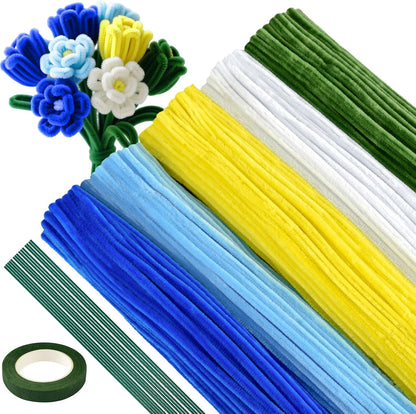 521 Pcs Pipe Cleaners Craft Set, 5 Colors Pipe Cleaners Bulk Pastel Chenille Stems for Craft Pipe Cleaner Flowers Making Kit with Floral Wires, Gardening Tape (Blue Yellow Series)