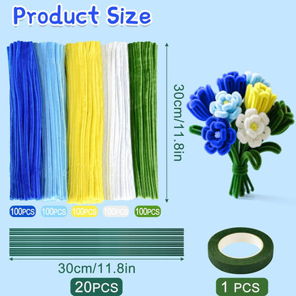 521 Pcs Pipe Cleaners Craft Set, 5 Colors Pipe Cleaners Bulk Pastel Chenille Stems for Craft Pipe Cleaner Flowers Making Kit with Floral Wires, Gardening Tape (Blue Yellow Series)
