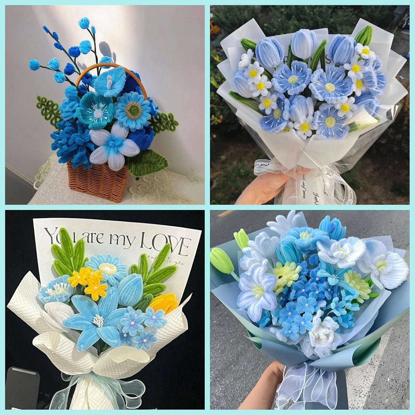 521 Pcs Pipe Cleaners Craft Set, 5 Colors Pipe Cleaners Bulk Pastel Chenille Stems for Craft Pipe Cleaner Flowers Making Kit with Floral Wires, Gardening Tape (Blue Yellow Series)