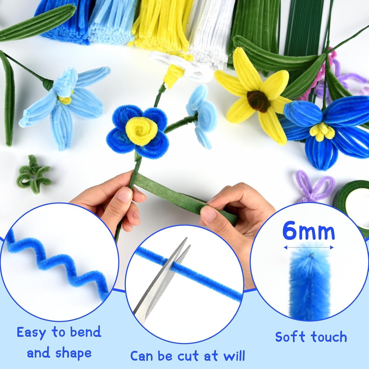 521 Pcs Pipe Cleaners Craft Set, 5 Colors Pipe Cleaners Bulk Pastel Chenille Stems for Craft Pipe Cleaner Flowers Making Kit with Floral Wires, Gardening Tape (Blue Yellow Series)
