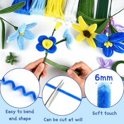 521 Pcs Pipe Cleaners Craft Set, 5 Colors Pipe Cleaners Bulk Pastel Chenille Stems for Craft Pipe Cleaner Flowers Making Kit with Floral Wires, Gardening Tape (Blue Yellow Series)