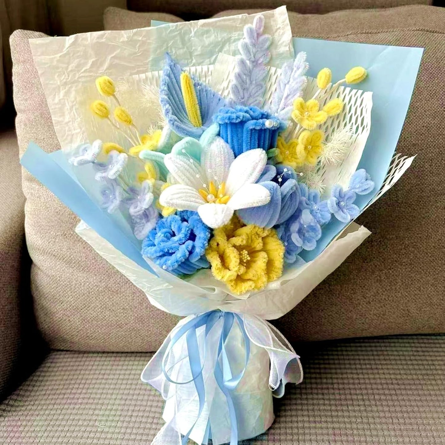 521 Pcs Pipe Cleaners Craft Set, 5 Colors Pipe Cleaners Bulk Pastel Chenille Stems for Craft Pipe Cleaner Flowers Making Kit with Floral Wires, Gardening Tape (Blue Yellow Series)