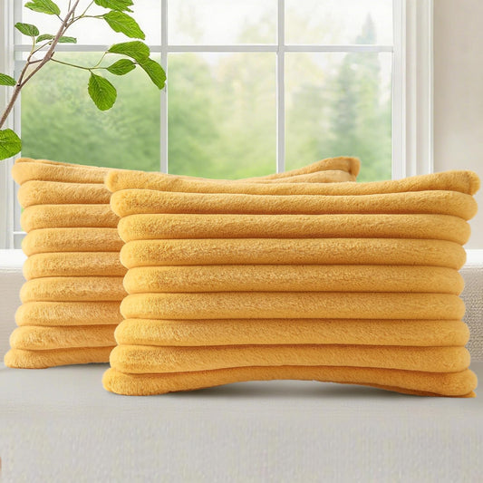 Fall Faux Fur Throw Pillow Covers 12x20 Set of 2 Mustard Yellow | Decorative Soft Cozy Striped Plush Modern Farmhouse Boho Couch Pillow Cases Velvet Back for Sofa Bed Living Room Home Decor