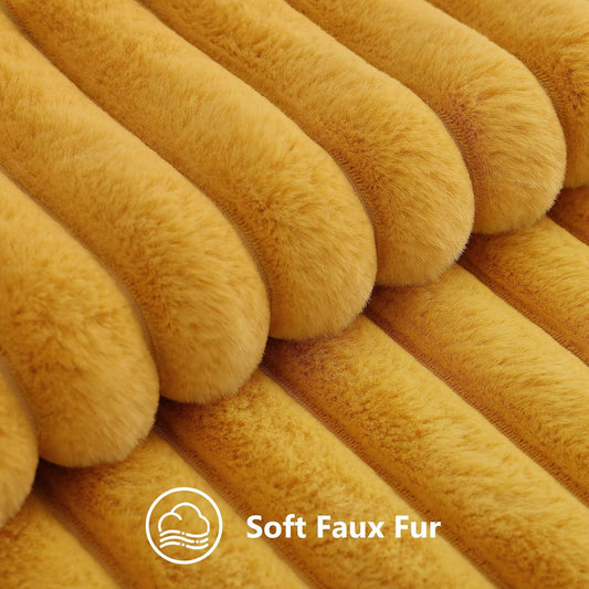 Fall Faux Fur Throw Pillow Covers 12x20 Set of 2 Mustard Yellow | Decorative Soft Cozy Striped Plush Modern Farmhouse Boho Couch Pillow Cases Velvet Back for Sofa Bed Living Room Home Decor