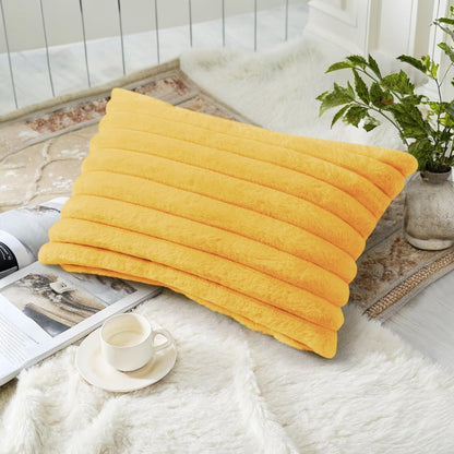 Fall Faux Fur Throw Pillow Covers 12x20 Set of 2 Mustard Yellow | Decorative Soft Cozy Striped Plush Modern Farmhouse Boho Couch Pillow Cases Velvet Back for Sofa Bed Living Room Home Decor