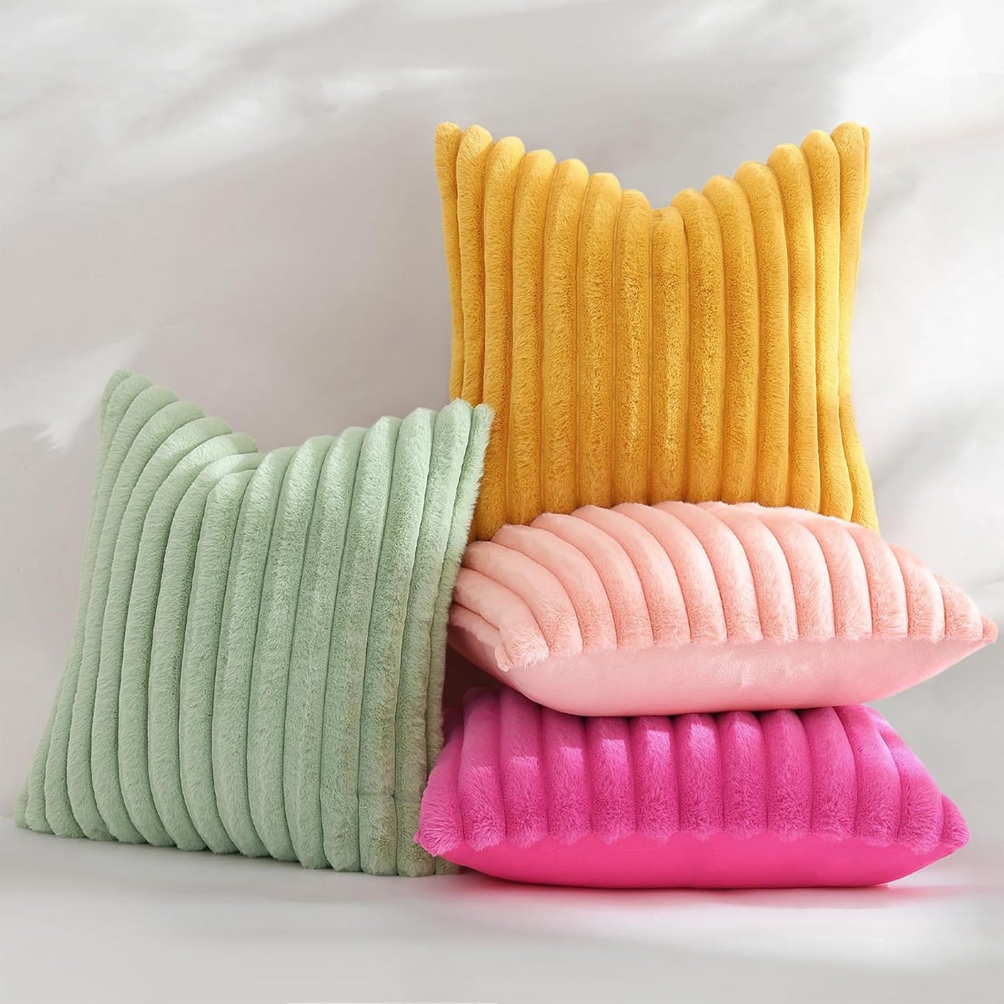 Fall Faux Fur Throw Pillow Covers 12x20 Set of 2 Mustard Yellow | Decorative Soft Cozy Striped Plush Modern Farmhouse Boho Couch Pillow Cases Velvet Back for Sofa Bed Living Room Home Decor