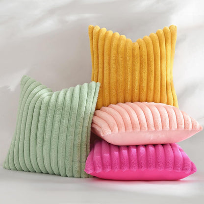 Fall Faux Fur Throw Pillow Covers 12x20 Set of 2 Mustard Yellow | Decorative Soft Cozy Striped Plush Modern Farmhouse Boho Couch Pillow Cases Velvet Back for Sofa Bed Living Room Home Decor