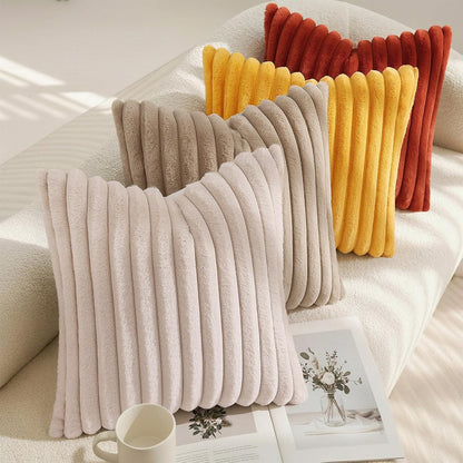 Fall Faux Fur Throw Pillow Covers 12x20 Set of 2 Mustard Yellow | Decorative Soft Cozy Striped Plush Modern Farmhouse Boho Couch Pillow Cases Velvet Back for Sofa Bed Living Room Home Decor
