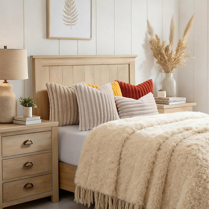 Fall Faux Fur Throw Pillow Covers 12x20 Set of 2 Mustard Yellow | Decorative Soft Cozy Striped Plush Modern Farmhouse Boho Couch Pillow Cases Velvet Back for Sofa Bed Living Room Home Decor