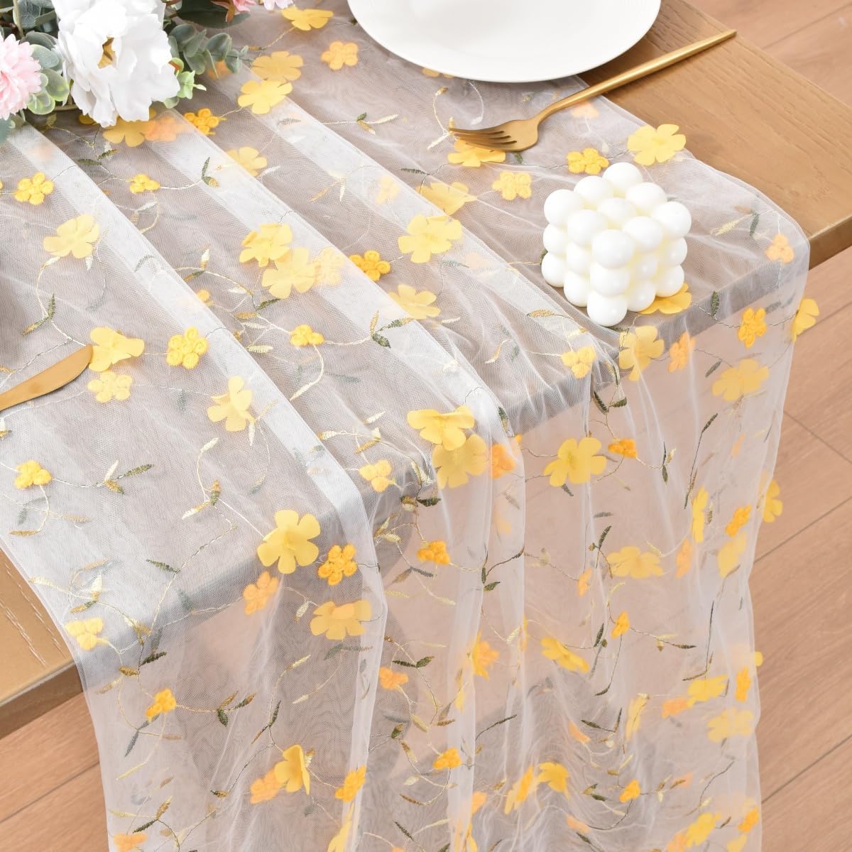 Yellow Floral Embroidered Table Runner 10FT Rustic Tulle Gauze Flower Table Runner for Summer Wedding Baby Shower Party Dining Table Decor DIY Craft