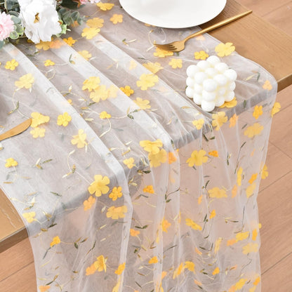 Yellow Floral Embroidered Table Runner 10FT Rustic Tulle Gauze Flower Table Runner for Summer Wedding Baby Shower Party Dining Table Decor DIY Craft