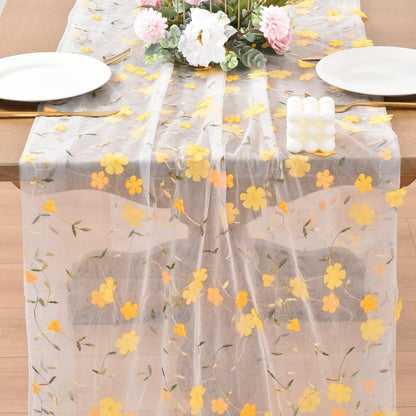 Yellow Floral Embroidered Table Runner 10FT Rustic Tulle Gauze Flower Table Runner for Summer Wedding Baby Shower Party Dining Table Decor DIY Craft