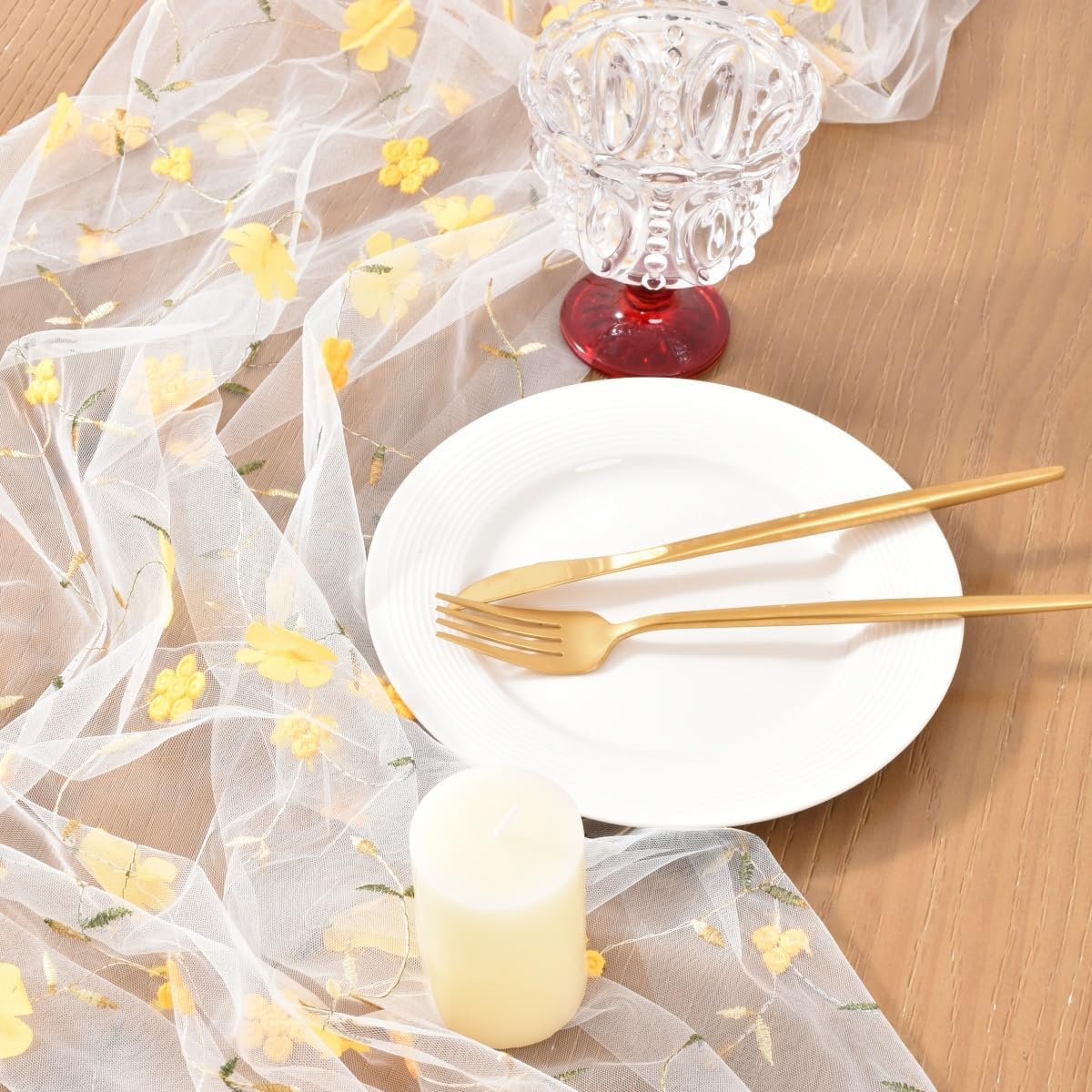 Yellow Floral Embroidered Table Runner 10FT Rustic Tulle Gauze Flower Table Runner for Summer Wedding Baby Shower Party Dining Table Decor DIY Craft