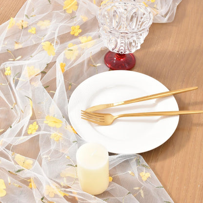 Yellow Floral Embroidered Table Runner 10FT Rustic Tulle Gauze Flower Table Runner for Summer Wedding Baby Shower Party Dining Table Decor DIY Craft
