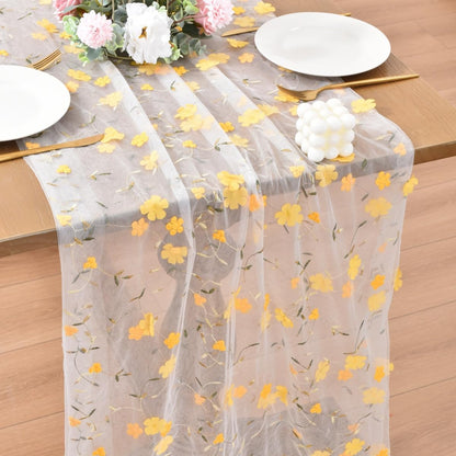 Yellow Floral Embroidered Table Runner 10FT Rustic Tulle Gauze Flower Table Runner for Summer Wedding Baby Shower Party Dining Table Decor DIY Craft