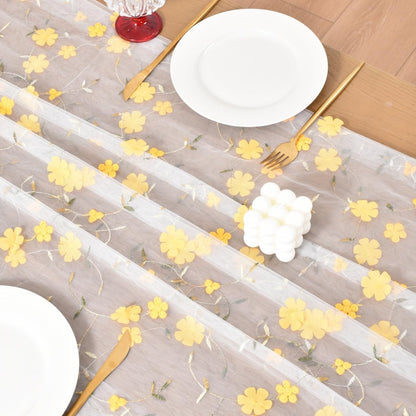 Yellow Floral Embroidered Table Runner 10FT Rustic Tulle Gauze Flower Table Runner for Summer Wedding Baby Shower Party Dining Table Decor DIY Craft