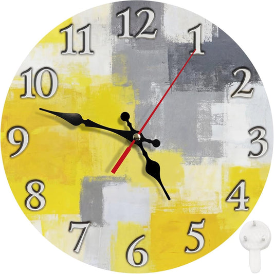 Round Wall Clock Silent Non-Ticking Battery Operated Clock 10 Inch, Grey Yellow Contemporary Home Decor for Living Room, Kitchen, Bedroom, and Office