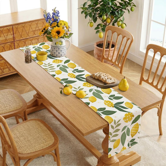 Lemon Tree Flower Summer Table Runner, Sunshine Eucalyptus Leaves Polka Dot Seasonal Holiday Kitchen Dining Table Decoration for Home Party Indoor (13 x 72 inch)